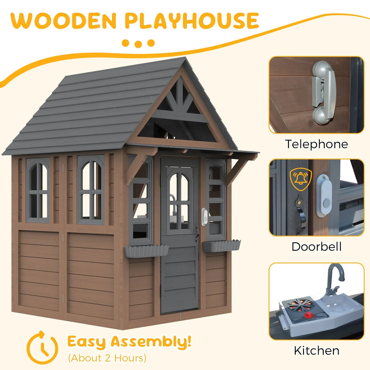 Nouveauté 2026 – Maisonnette d'extérieur COCLUB pour enfants de 4 à 8 ans, en bois, avec sonnette, téléphone et jouets de cuisine. Dimensions : 114 cm (L) x 165 cm (H). Couleurs : blanc et noir