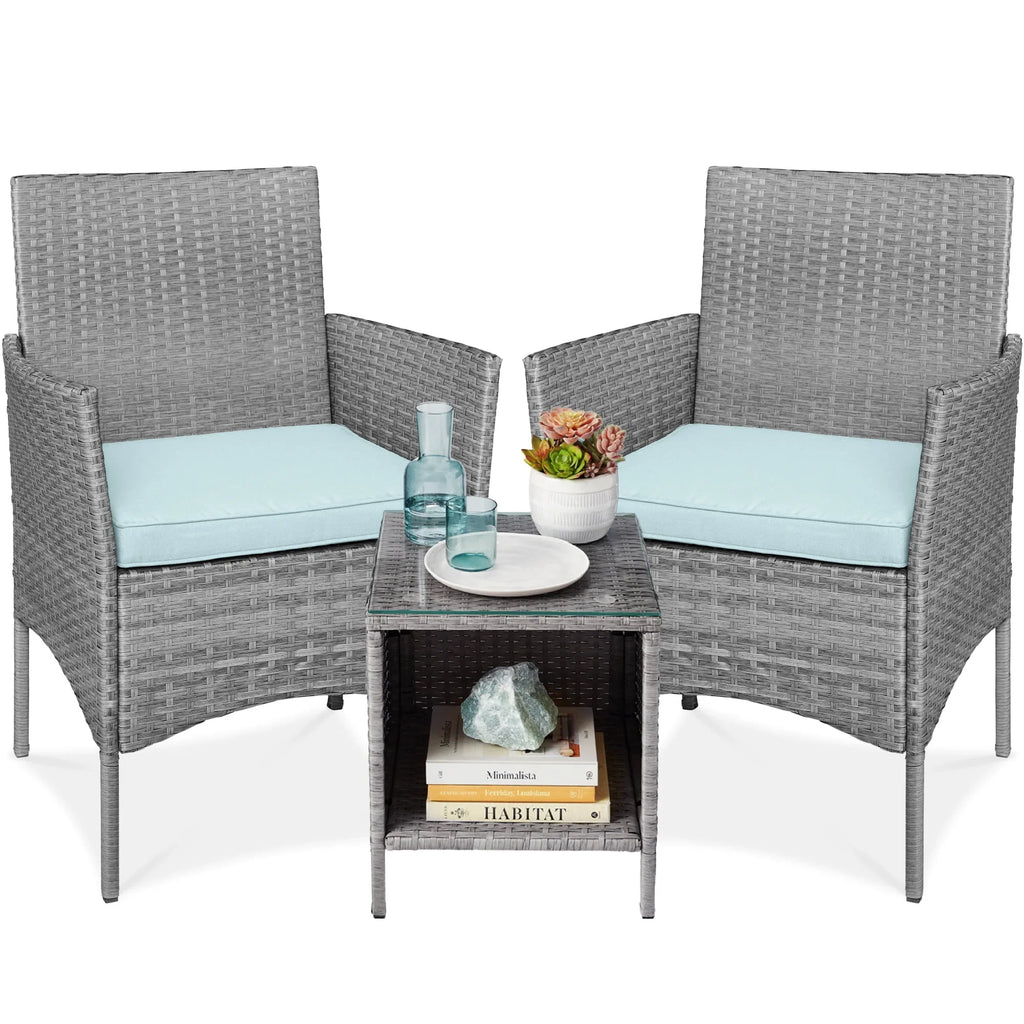Nouveauté 2026 – Ensemble bistro de jardin 3 pièces en résine tressée Best Choice Products , avec 2 chaises et une table - Gris/Bleu marine