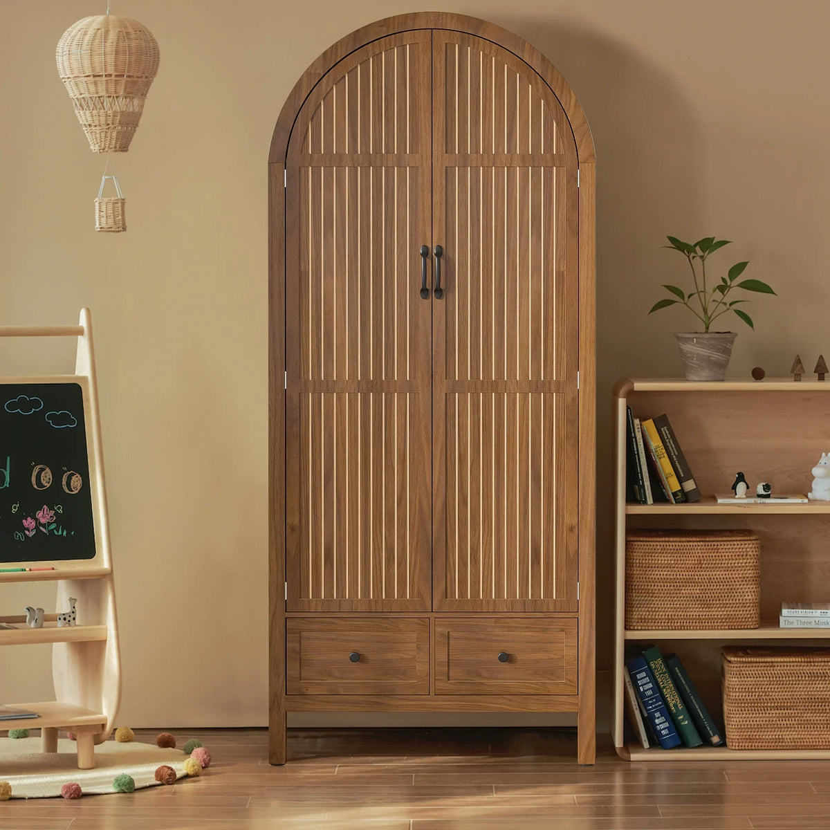 Nouveauté 2026 – Armoire-penderie cintrée Oubayajia avec portes cannelées, en bois, avec tiroirs, étagères et tringle pour chambre à coucher