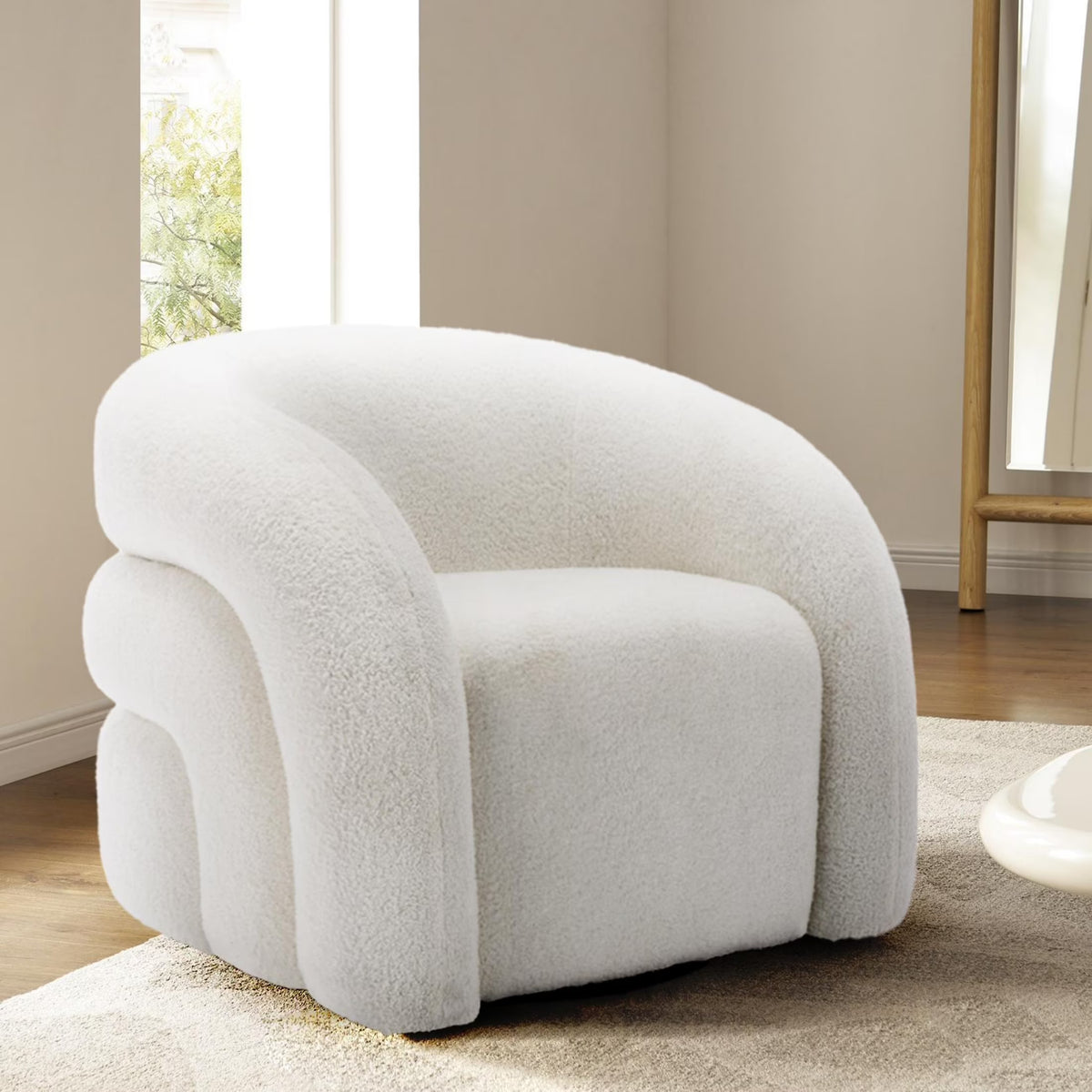 Nouveauté 2026 – Fauteuil pivotant 360" pour salon, fauteuil tonneau bouclé, canapé une place, fauteuil de lecture, vert sauge