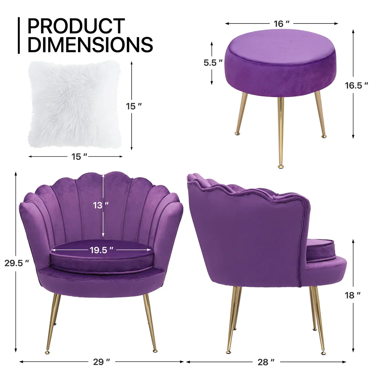 Nouveauté 2026 – Ensemble de 2 fauteuils d'appoint MoNiBloom , capitonnés en velours, avec coussin et repose-pieds. Fauteuil moderne rembourré, assise capitonnée et pieds en métal doré, idéal pour le salon. Couleur : noir