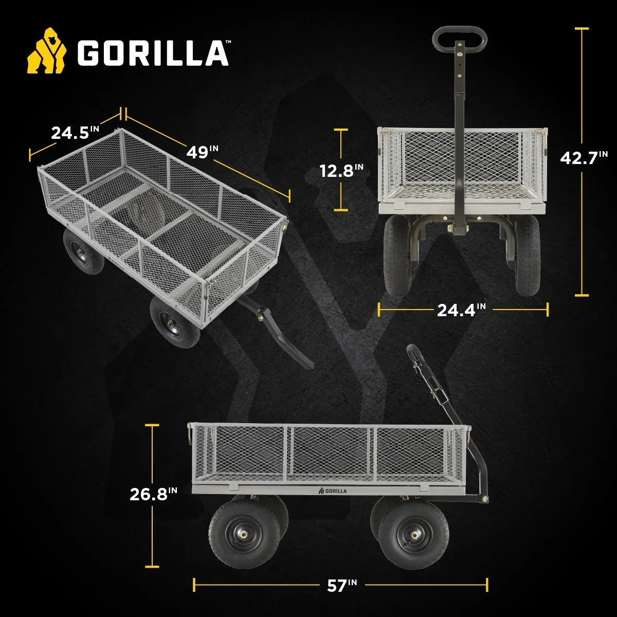 Nouveauté 2026 – Chariot utilitaire en acier Gorilla Carts, capacité de 1000 lb, modèle n° GOR1001-Com, pneus pneumatiques de 13 pouces