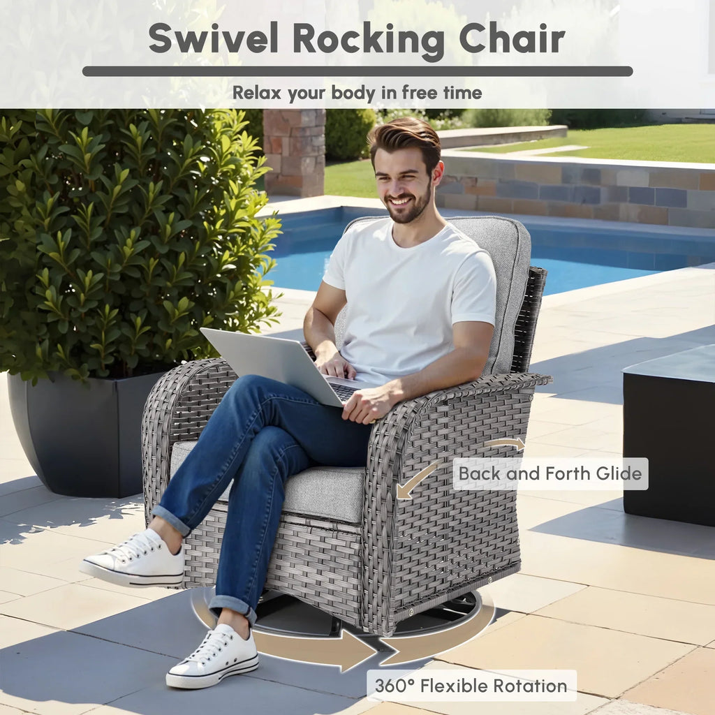 Nouveauté 2026 – Ensemble de mobilier de jardin 5 pièces Ovios , comprenant fauteuils pivotants et table basse, en résine tressée résistante aux intempéries, gris foncé