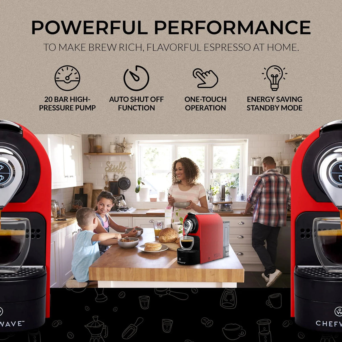 Nouveauté 2026 – Machine à expresso ChefWave pour capsules Nespresso (rouge), porte-capsules et tasses inclus