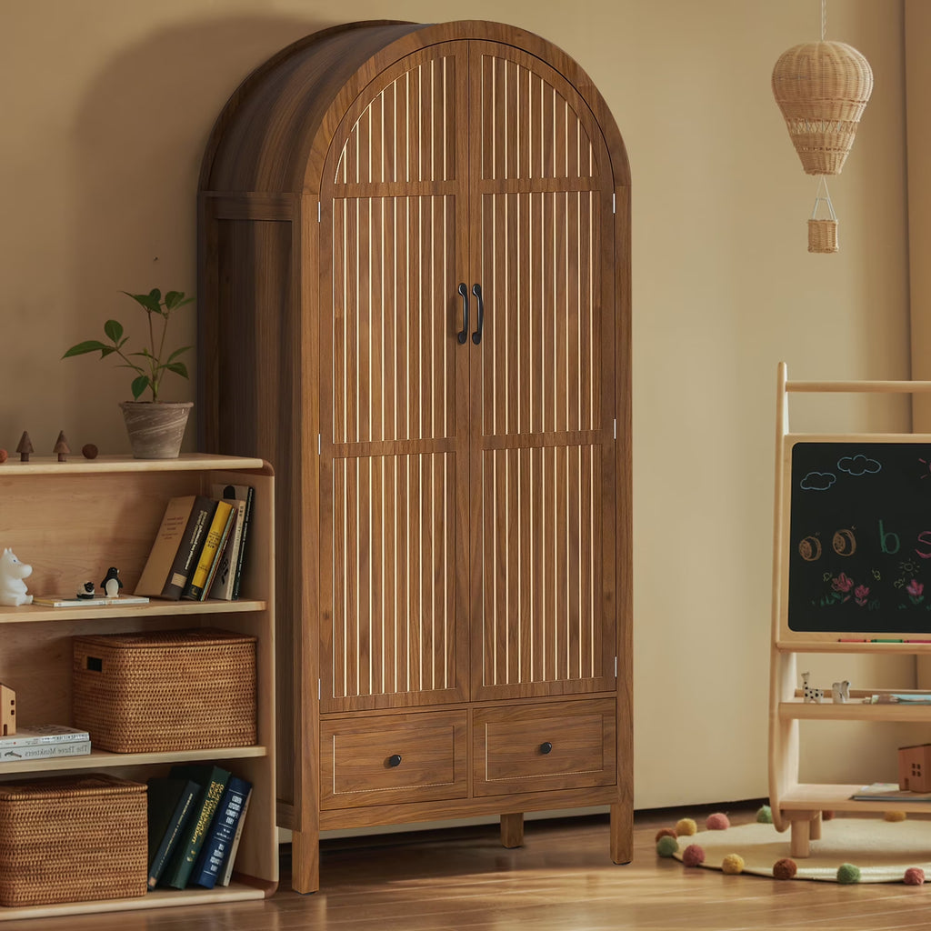 Nouveauté 2026 – Armoire-penderie cintrée Oubayajia avec portes cannelées, en bois, avec tiroirs, étagères et tringle pour chambre à coucher