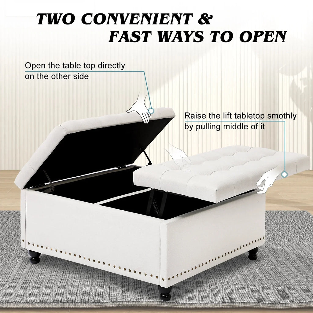Nouveauté 2026 – Pouf de rangement carré Magic Union 35" , grand modèle, avec plateau relevable et revêtement capitonné, idéal pour le salon (beige