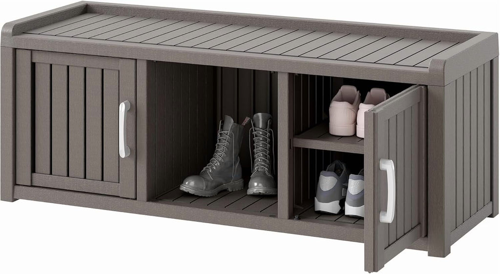 Nouveauté 2026 – Meuble de rangement à chaussures d'extérieur KAMABOKO , banc de rangement étanche et résistant aux UV pour entrée, intérieur et extérieur, avec 2 portes coulissantes de style grange et étagères réglables pour entrée, chambre, couloir