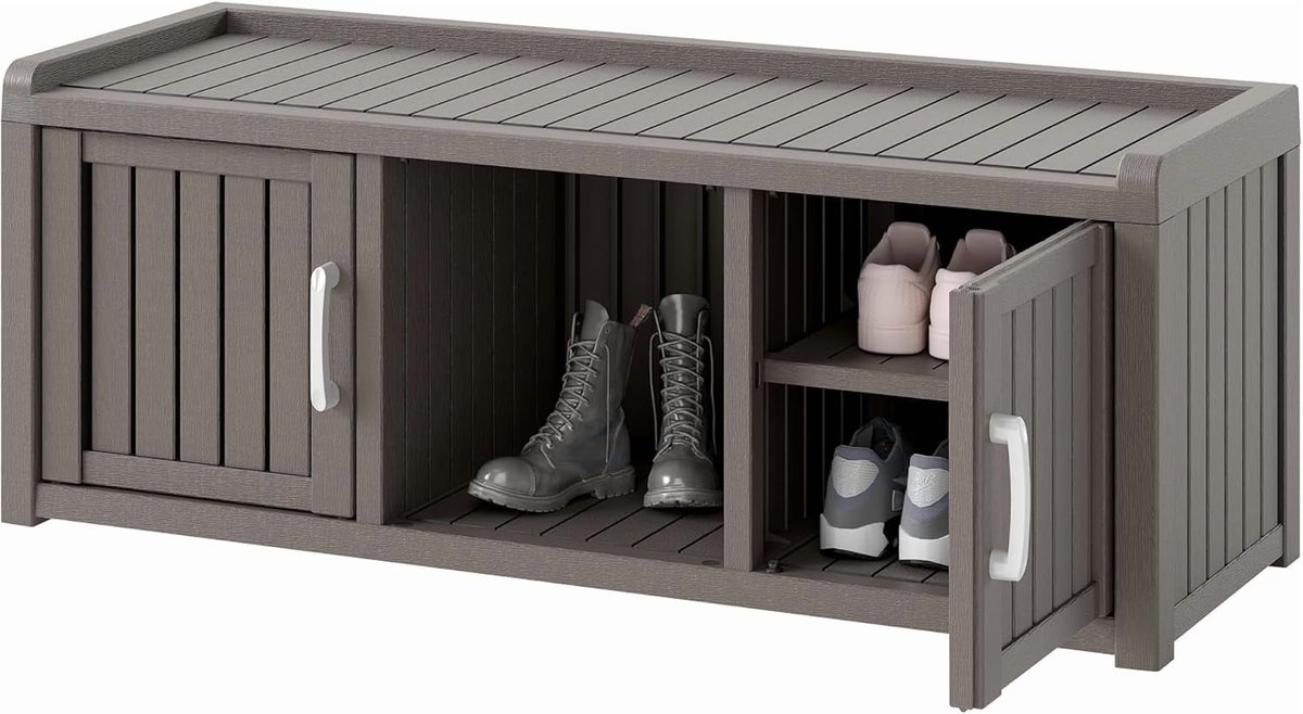 Nouveauté 2026 – Meuble de rangement à chaussures d'extérieur KAMABOKO , banc de rangement étanche et résistant aux UV pour entrée, intérieur et extérieur, avec 2 portes coulissantes de style grange et étagères réglables pour entrée, chambre, couloir