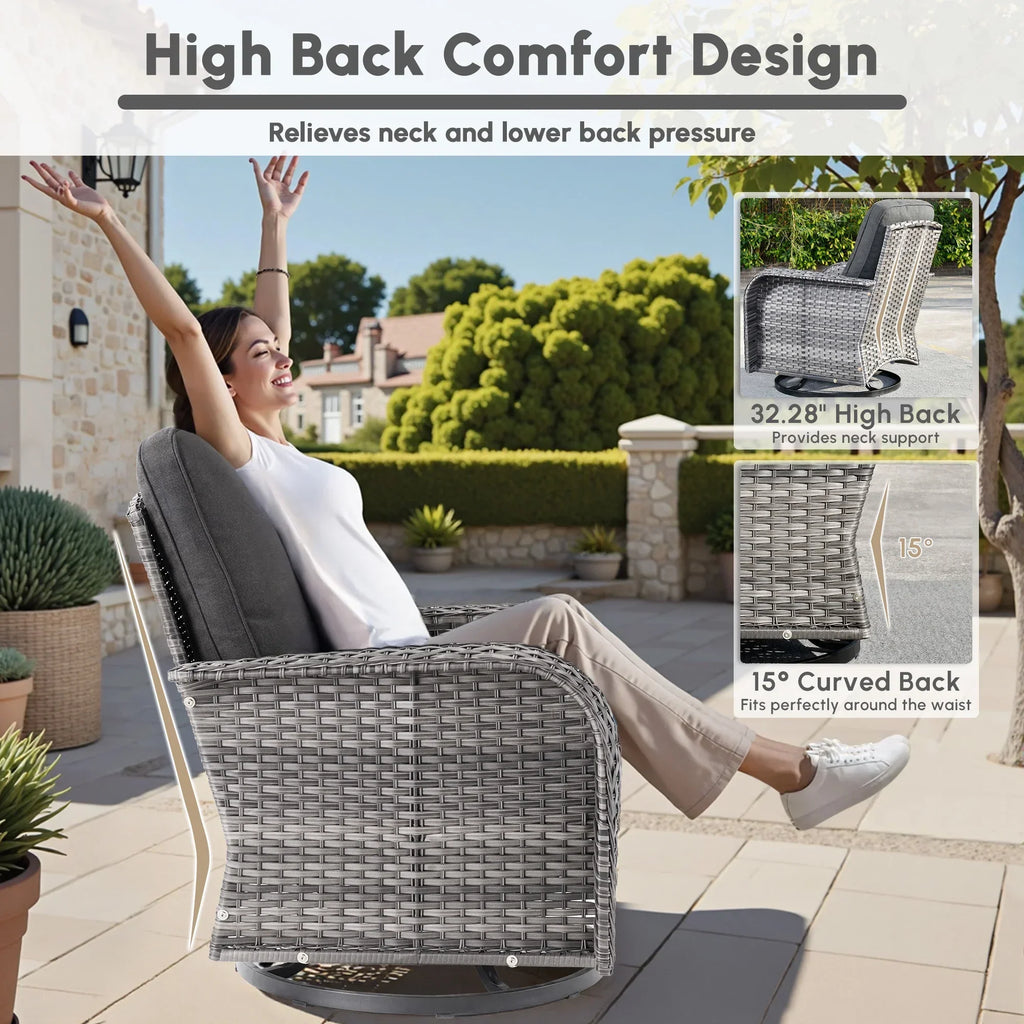 Nouveauté 2026 – Ensemble de mobilier de jardin 5 pièces Ovios , comprenant fauteuils pivotants et table basse, en résine tressée résistante aux intempéries, gris foncé