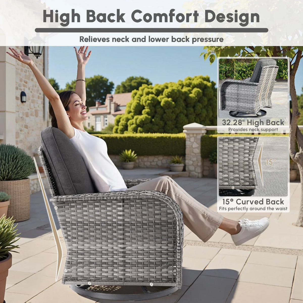 Nouveauté 2026 – Ensemble de mobilier de jardin 5 pièces Ovios , comprenant fauteuils pivotants et table basse, en résine tressée résistante aux intempéries, gris foncé