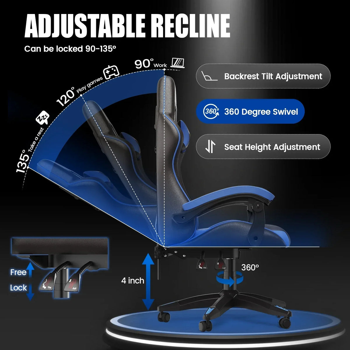 Nouveauté 2026 – Chaise de jeu Bigzzia , chaise de bureau ergonomique avec appui-tête et soutien lombaire réglables en hauteur, pour adultes et adolescents, noir et blanc