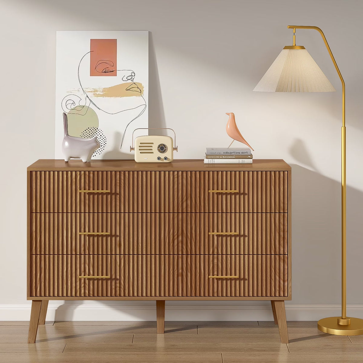 Nouveauté 2026 – Commode à 6 tiroirs Fluted , commode moderne large, commode double à 6 tiroirs