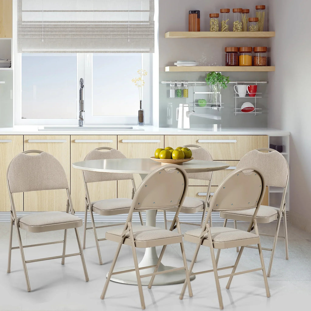 Nouveauté 2026 – Ensemble de 6 chaises pliantes Costway , assise rembourrée et revêtement en tissu, structure en métal, beige, pour la maison ou le bureau