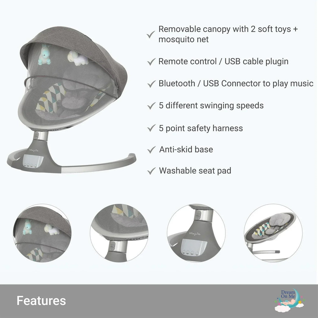 Nouveauté 2026 – Balancelle pour bébé Dream On Me Zazu . Balancelle pour nourrisson. 5 vitesses de balancement. Deux jouets intégrés. Connectivité Bluetooth et télécommande. Gris et bleu