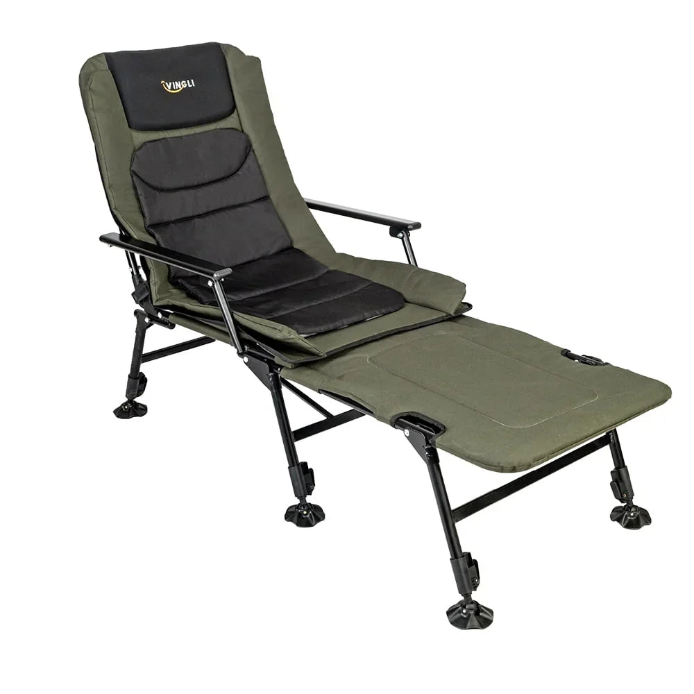 Nouveauté 2026 – Chaise de pêche surdimensionnée VINGLI avec repose-pieds, supporte jusqu'à 200 kg, dossier inclinable à 160°, noir et vert armée