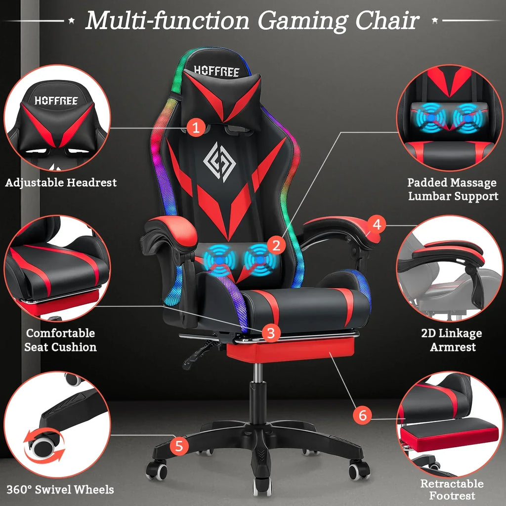 Nouveauté 2026 – Fauteuil de jeu Hoffree avec haut-parleurs intégrés, en cuir PU, repose-pieds et éclairage LED. Fauteuil ergonomique pour gamer avec massage, soutien lombaire et appui-tête pivotant et réglable. Idéal pour le télétravail et le bureau