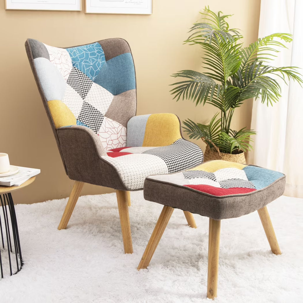 Nouveauté 2026 – Fauteuil d'appoint moderne avec pieds en bois massif et dossier haut à oreilles, ensemble de fauteuil avec repose-pieds, fauteuil confortable pour salon, salle de lecture, chambre, patchwork coloré