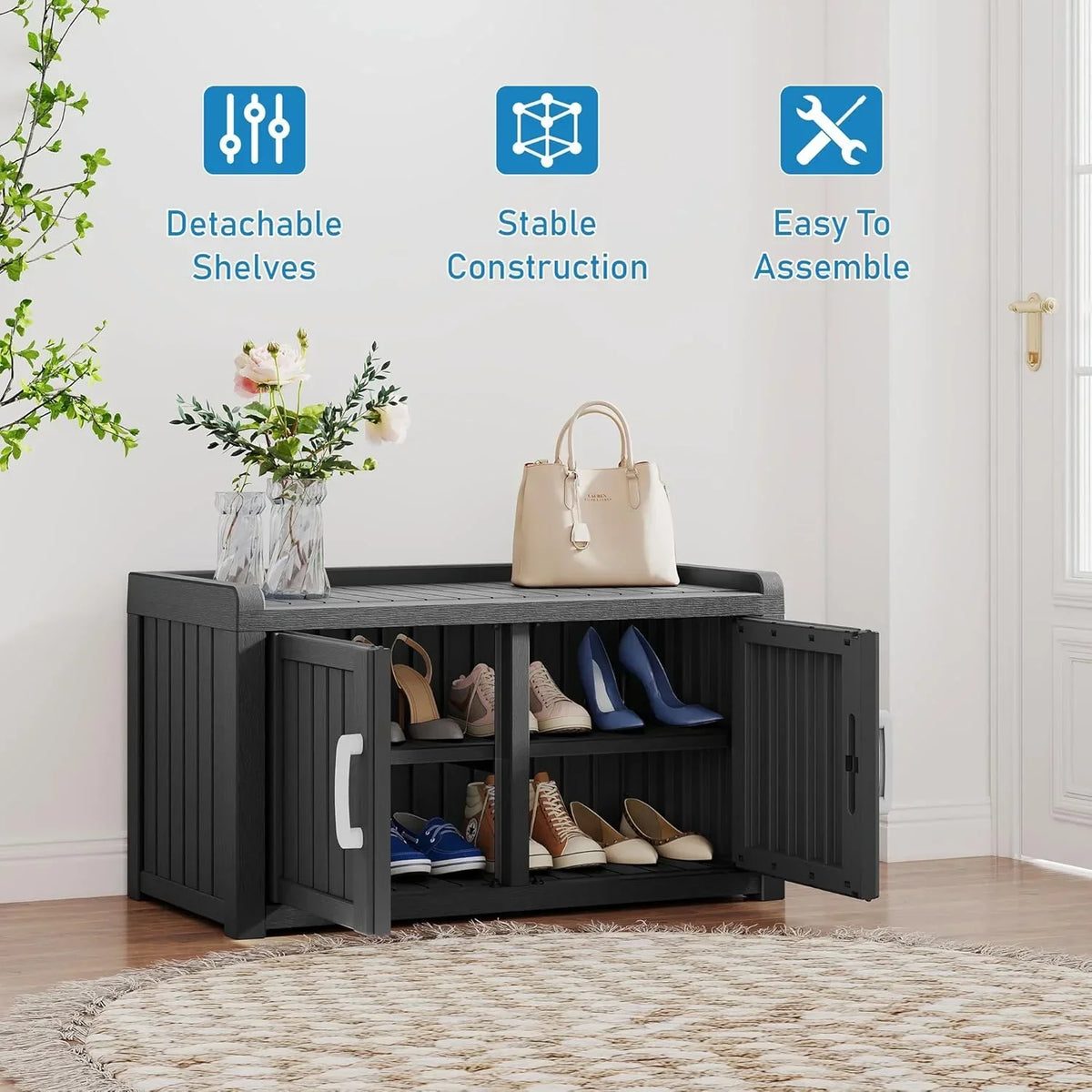 Nouveauté 2026 – Meuble de rangement à chaussures d'extérieur KAMABOKO , banc de rangement étanche et résistant aux UV pour entrée, intérieur et extérieur, avec 2 portes coulissantes de style grange et étagères réglables pour entrée, chambre, couloir