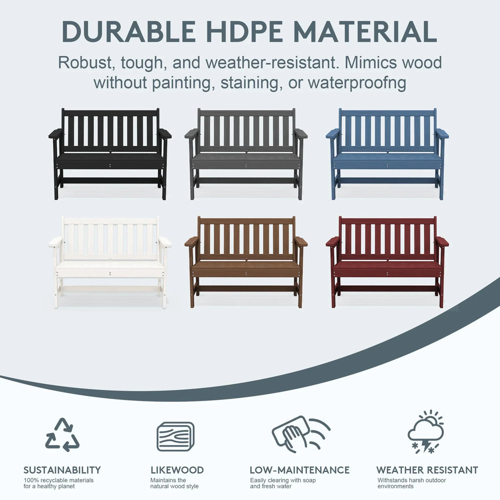 Nouveauté 2026 – Banc d'extérieur SERWALL pour 2 personnes, en PEHD résistant aux intempéries avec renforts en aluminium, supporte jusqu'à 300 kg, confortable pour terrasse, jardin et véranda, noir