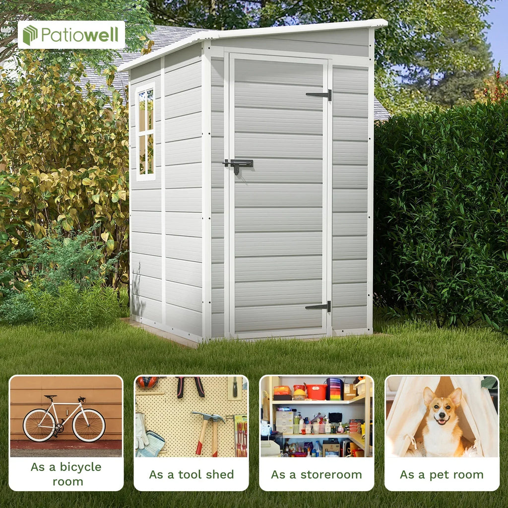 Nouveauté 2026 – Abri de jardin Patiowell , 1,5 x 1,2 m, en résine avec plancher, fenêtre et porte verrouillable, idéal pour le mobilier de jardin, les outils et les vélos. Couleur : blanc