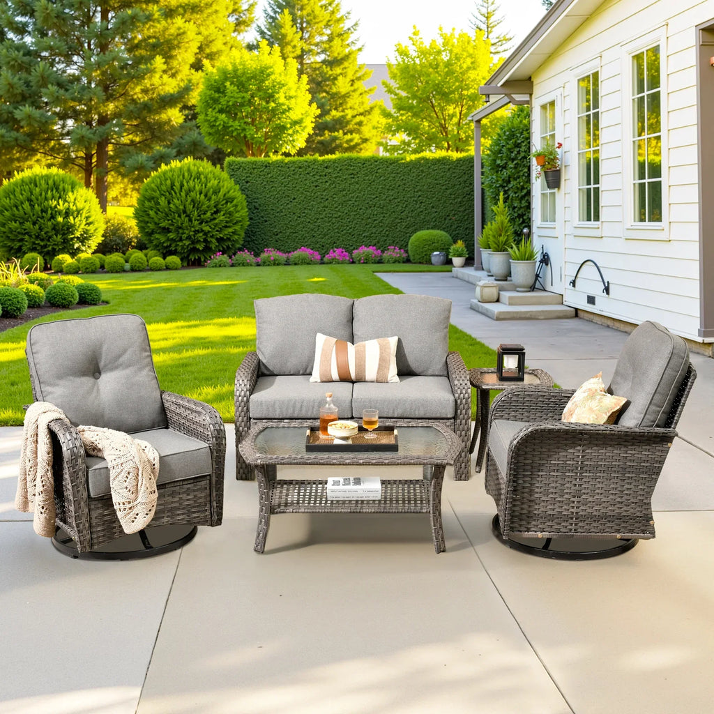 Nouveauté 2026 – Ensemble de mobilier de jardin 5 pièces Ovios , comprenant fauteuils pivotants et table basse, en résine tressée résistante aux intempéries, gris foncé