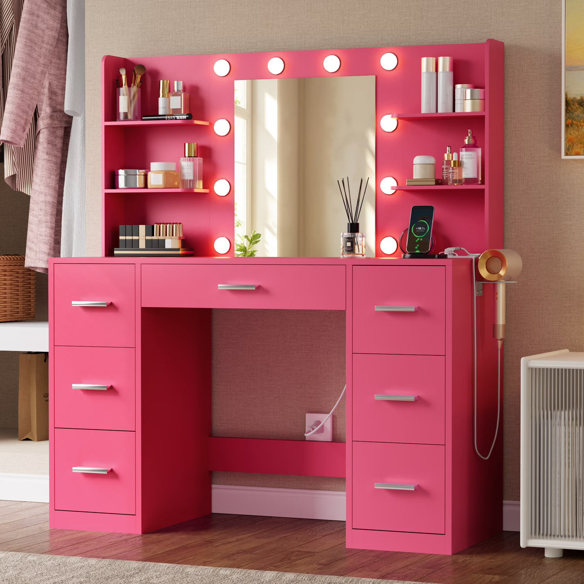 Nouveauté 2026 – Coiffeuse Lacoo avec miroir et éclairage LED, meuble de maquillage avec 7 tiroirs et 4 étagères, table de toilette avec prise électrique pour chambre ou dressing, blanche