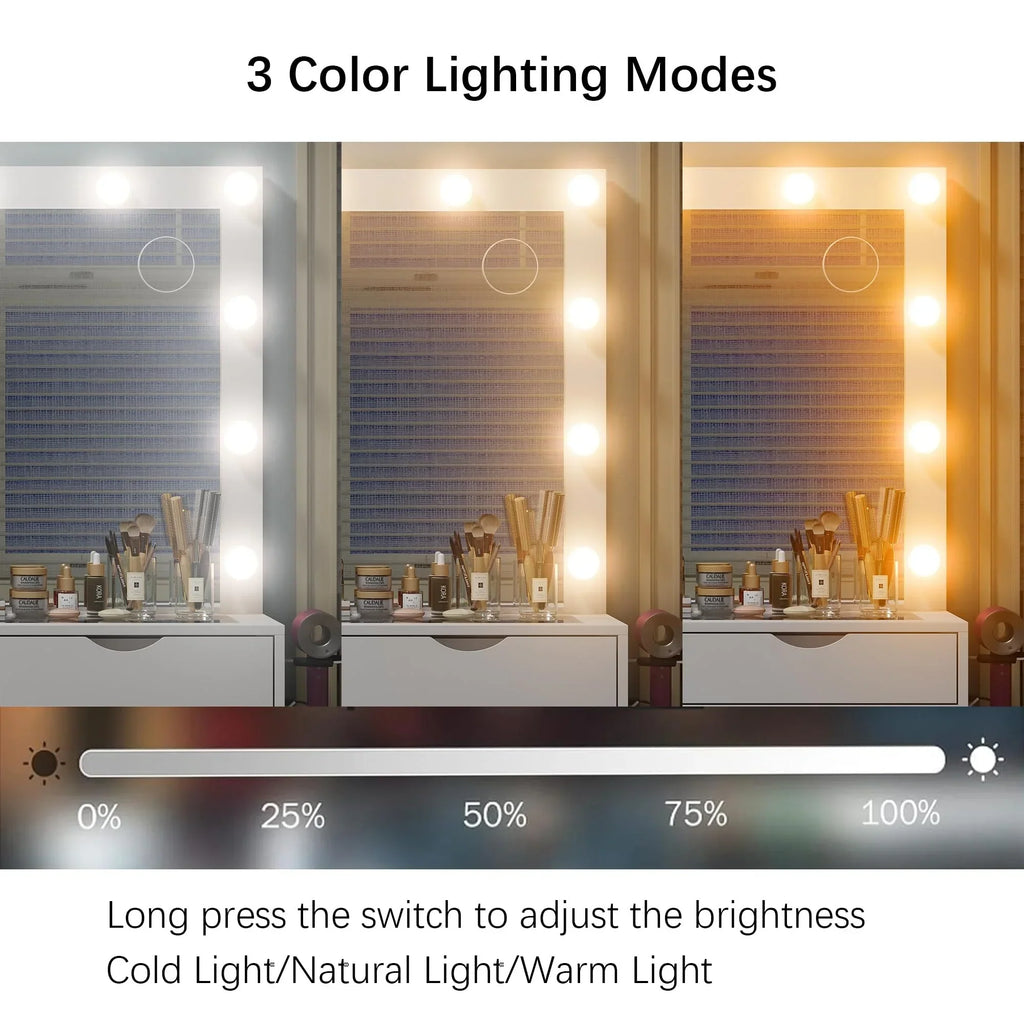 Nouveauté 2026 – Coiffeuse Yanosaku à 15 tiroirs avec prise électrique, miroir et 13 lumières LED, 3 modes d'éclairage de couleur, luminosité réglable, plateau en verre, ensemble coiffeuse pour chambre à coucher