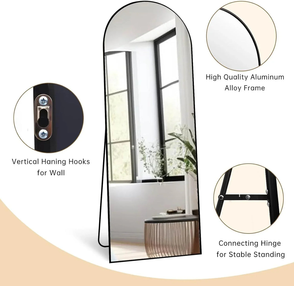 Nouveauté 2026 – Miroir sur pied Arched , grand miroir de corps 180 x 66 cm avec support, doré