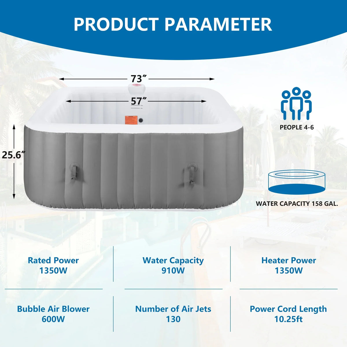 Nouveauté 2026 – Spa gonflable portable d'extérieur , 185 cm (73 pouces), 4 à 6 personnes, avec panneau de commande, 130 jets, couverture isolante et protection de fond, température jusqu'à 40 °C (104 °F), gris
