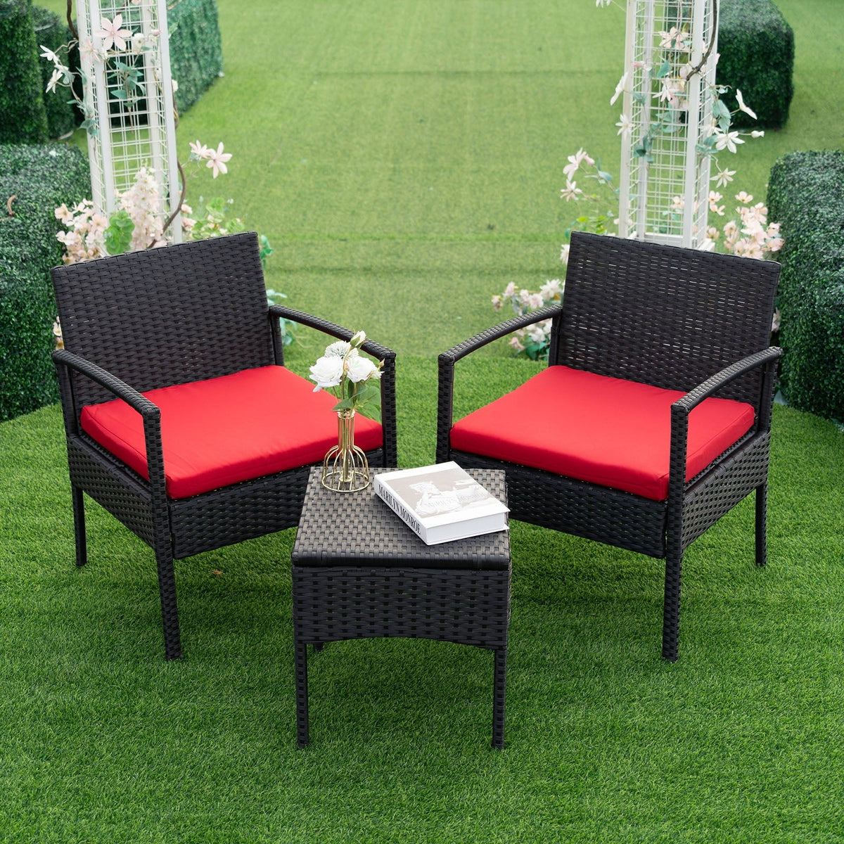 Nouveauté 2026 – Ensemble de mobilier de jardin Tappio , 3 pièces, style bistro, comprenant des chaises de conversation en rotin, une table d'appoint et des coussins. Idéal pour balcon, jardin ou terrasse. Couleur : rouge