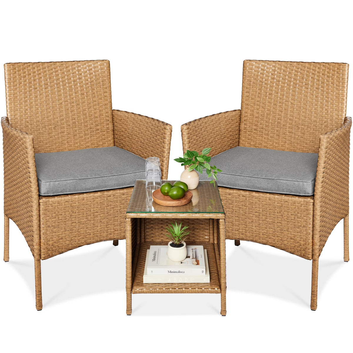 Nouveauté 2026 – Ensemble bistro de jardin 3 pièces en résine tressée Best Choice Products , avec 2 chaises et une table - Gris/Bleu marine