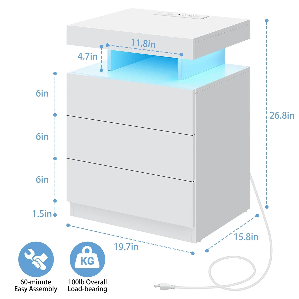 Nouveauté 2026 – Table de chevet LED Hommpa avec station de charge sans fil, ports USB Type-C, 3 tiroirs, finition laquée noire, style moderne et élégant, hauteur 68 cm (26,8 pouces). Idéale pour la chambre à coucher