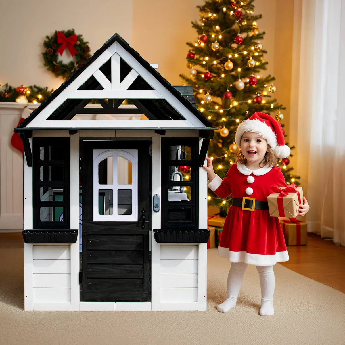 Nouveauté 2026 – Maisonnette d'extérieur COCLUB pour enfants de 4 à 8 ans, en bois, avec sonnette, téléphone et jouets de cuisine. Dimensions : 114 cm (L) x 165 cm (H). Couleurs : blanc et noir