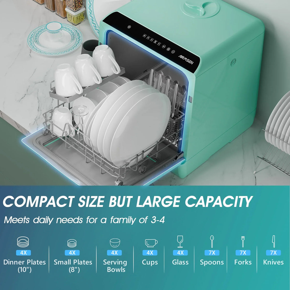 Nouveauté 2026 – Lave-vaisselle portable de comptoir AIRMSEN avec réservoir d'eau intégré de 5 litres et fonction de séchage à l'air, 5 programmes de lavage, mini lave-vaisselle, AE-TDQR03