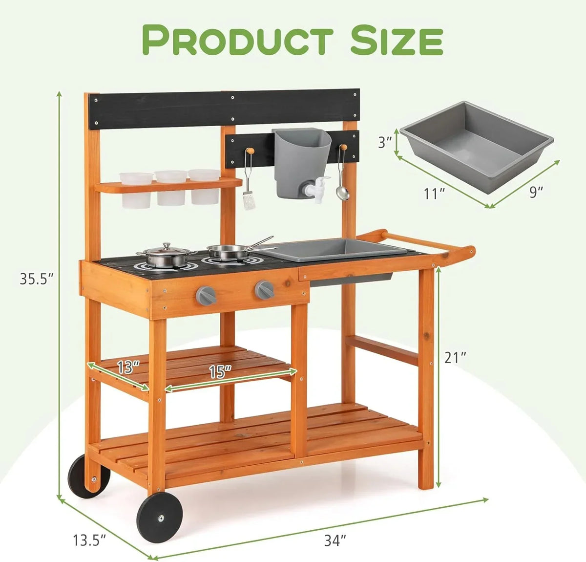 Nouveauté 2026 – Cuisine de boue OLAKIDS , cuisine de jeu d'extérieur sur roues avec 3 tasses, évier amovible et accessoires de cuisine en bois. Jouet idéal pour le jardin, cadeau pour les garçons et les filles à partir de 3 ans