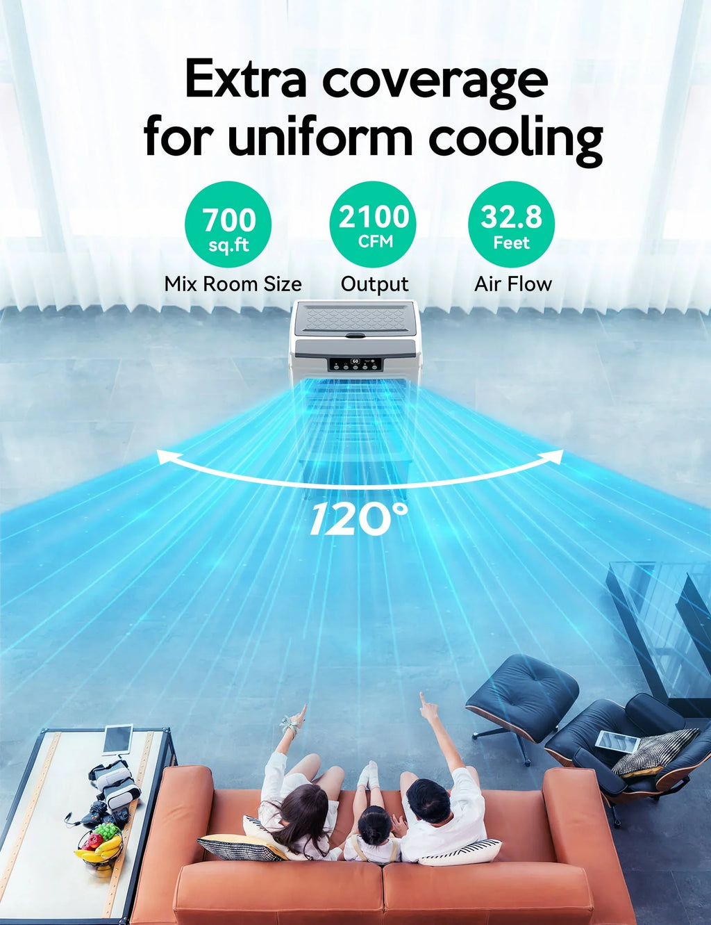 Nouveauté 2026 – Refroidisseur évaporatif E , 2100 CFM, refroidisseur d'air à oscillation de 120 pouces avec télécommande, minuterie 24 h, 3 vitesses de ventilation pour une utilisation intérieure et extérieure, 7,9 gallons