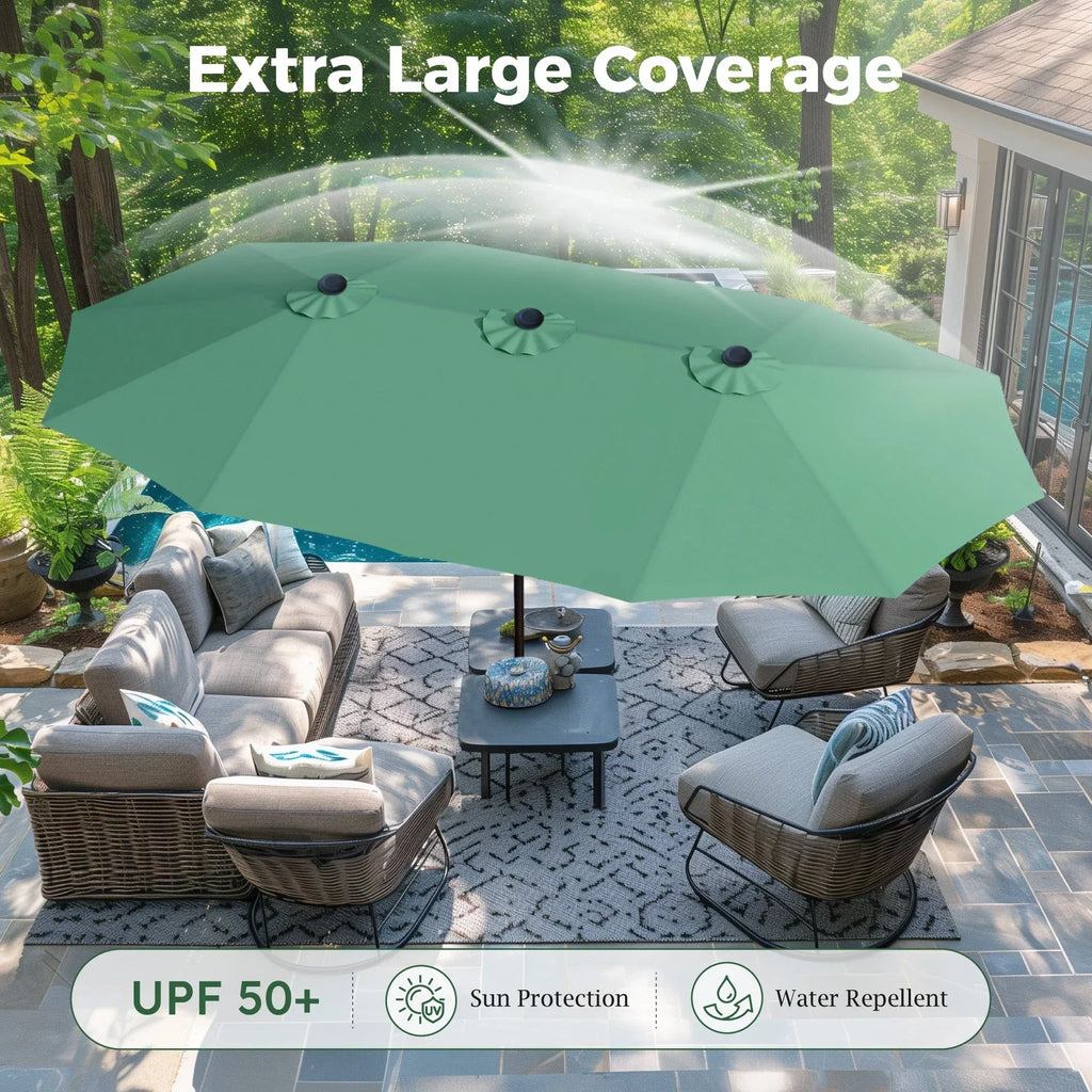 Nouveauté 2026 – Parasol de jardin extra-large Alpha Joy 4,57 m (15 pi) à double face avec manivelle et base - Gris fumé