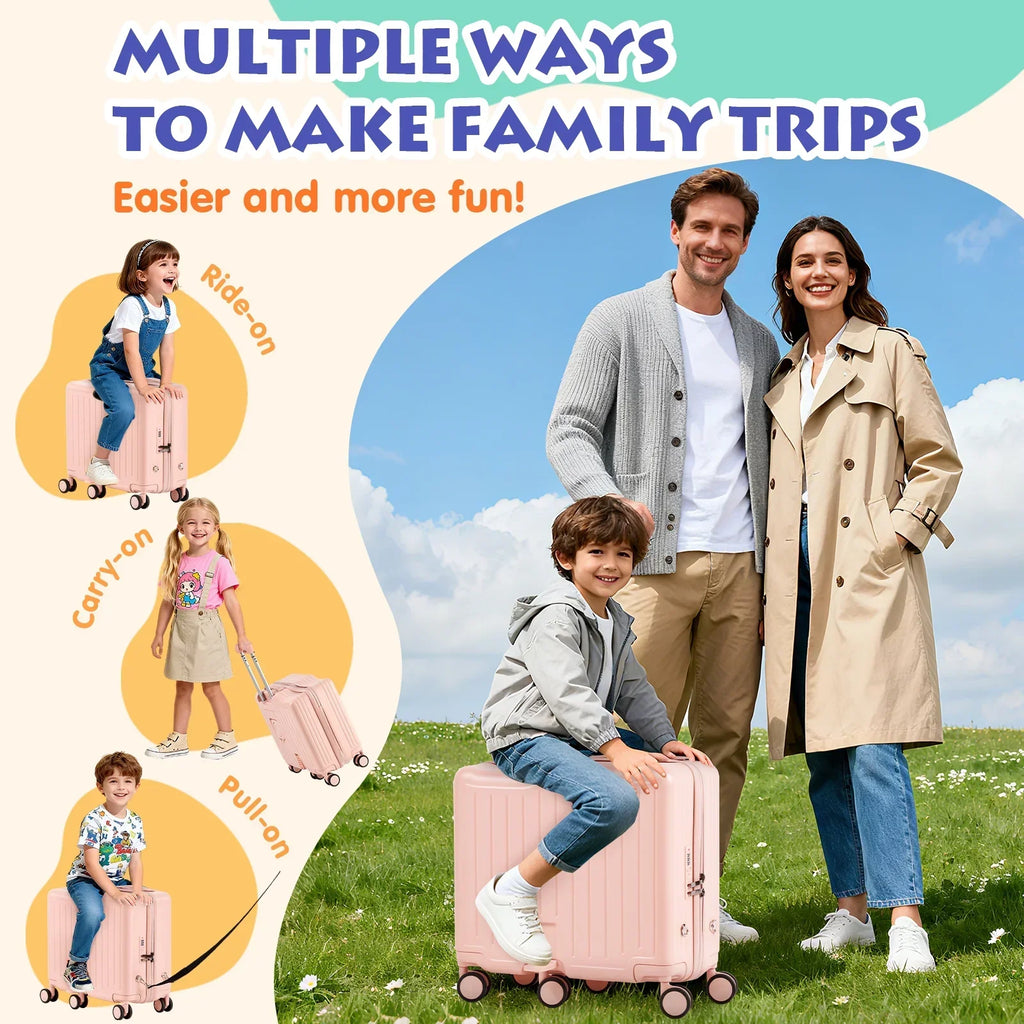 Nouveauté 2026 – Valise à roulettes Advwin pour enfants, avec sangle de traction, repose-pieds, porte-gobelet, 6 roues et poignée réglable, valise pivotante de 45,7 cm (18 pouces) avec autocollants et carte d'embarquement, rose