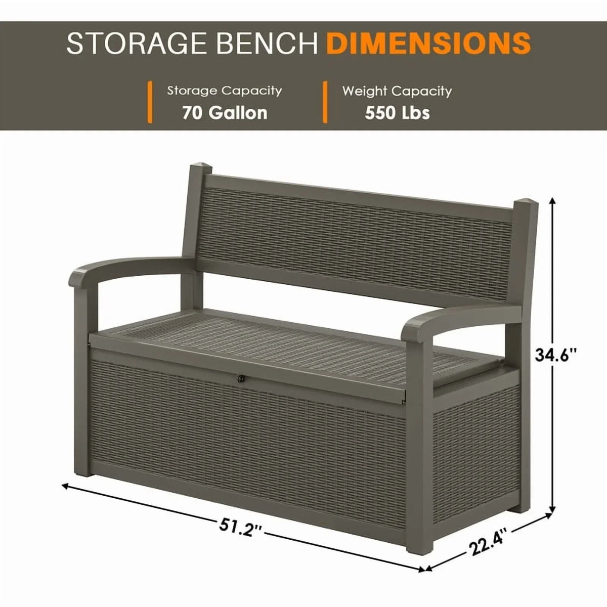 Nouveauté 2026 – Coffre de rangement Bifanuo de 70 gallons avec banc et accoudoirs, résistant à l'eau, idéal pour le mobilier de patio, les outils de jardin, le rangement de piscine et les coussins d'extérieur. Couleur : gris