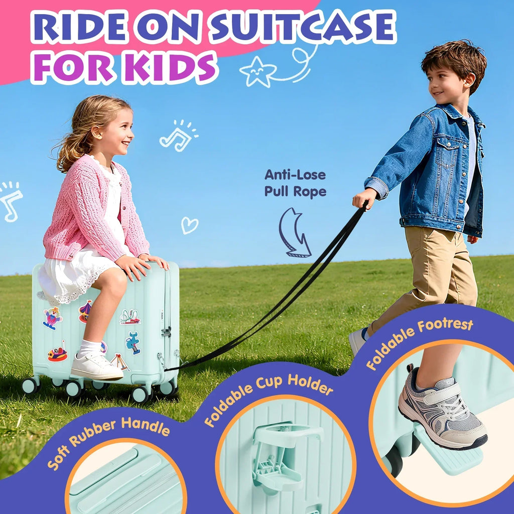 Nouveauté 2026 – Valise à roulettes Advwin pour enfants, avec sangle de traction, repose-pieds, porte-gobelet, 6 roues et poignée réglable, valise pivotante de 45,7 cm (18 pouces) avec autocollants et carte d'embarquement, rose