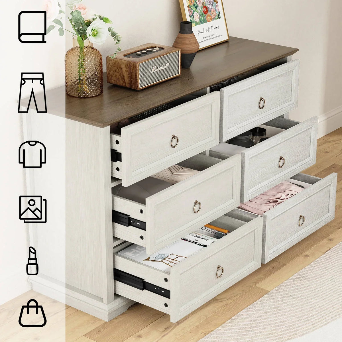 Nouveauté 2026 – Commode FAGAGA 6 tiroirs pour salon, meuble de rangement en bois pour chambre, blanc