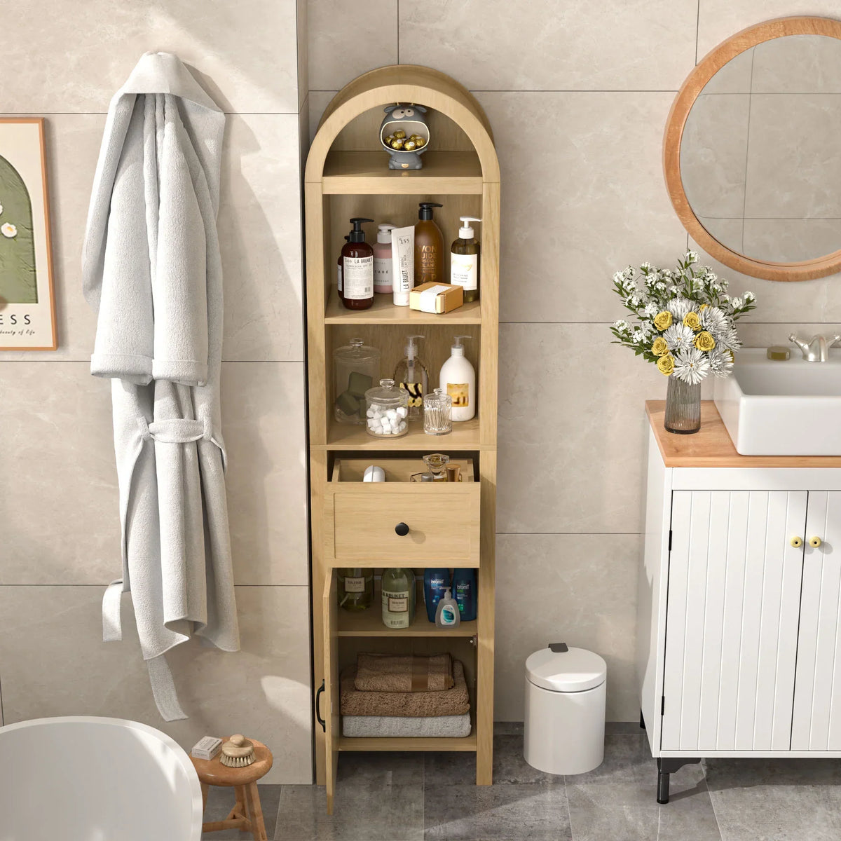 Nouveauté 2026 – Armoires de rangement hautes pour salle de bain Fiogmub avec portes et étagères, armoire à linge haute et étroite avec tiroir