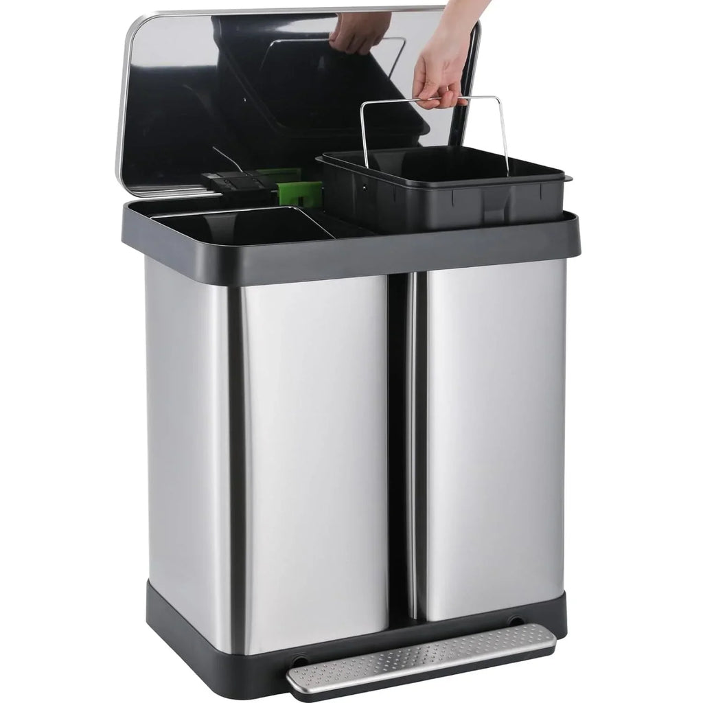 Nouveauté 2026 – Poubelle double Arlopu de 60 litres (16 gallons), en acier inoxydable, avec couvercle à fermeture amortie, pour la maison ou le bureau