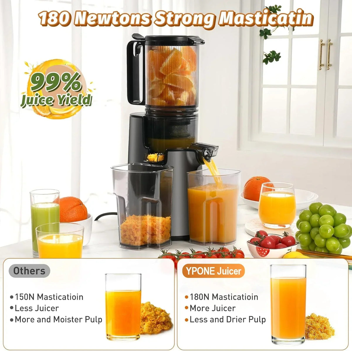 Nouveauté 2026 – Extracteur de jus à froid YPONE , extracteur à mastication avec goulotte d'alimentation de 13,7 cm de large, 350 W, convient aux fruits et légumes entiers, extracteur de jus à haut rendement, facile à nettoyer (noir
