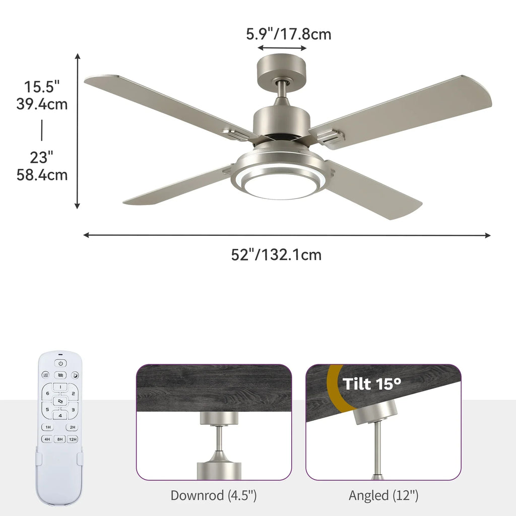 Nouveauté 2026 – Ventilateur de plafond Dextrus 52'' avec lumière et télécommande, 6 vitesses, 5 réglages de minuterie et pales à double finition (nickel