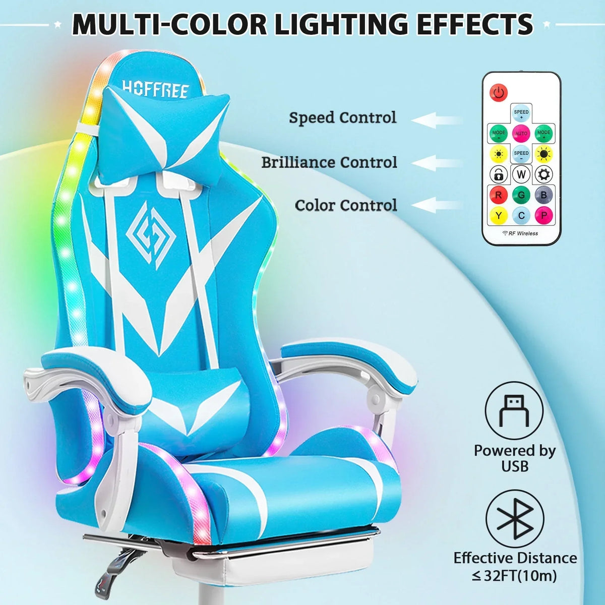 Nouveauté 2026 – Fauteuil de jeu Hoffree avec haut-parleurs intégrés, en cuir PU, repose-pieds et éclairage LED. Fauteuil ergonomique pour gamer avec massage, soutien lombaire et appui-tête pivotant et réglable. Idéal pour le télétravail et le bureau