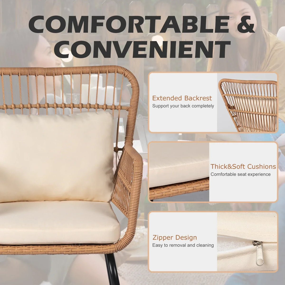Nouveauté 2026 – Ensemble bistro de conversation 3 pièces Tappio pour patio, mobilier de jardin en rotin, table basse en verre et coussins, jaune/beige, idéal pour le jardin, le balcon, la terrasse ou la piscine