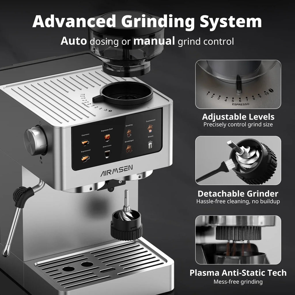 Nouveauté 2026 – Machine à expresso AIRMSEN avec broyeur intégré, permettant de personnaliser la mouture et le volume de café, idéale pour le cappuccino, le latte et l'americano. Finition en acier inoxydable brossé