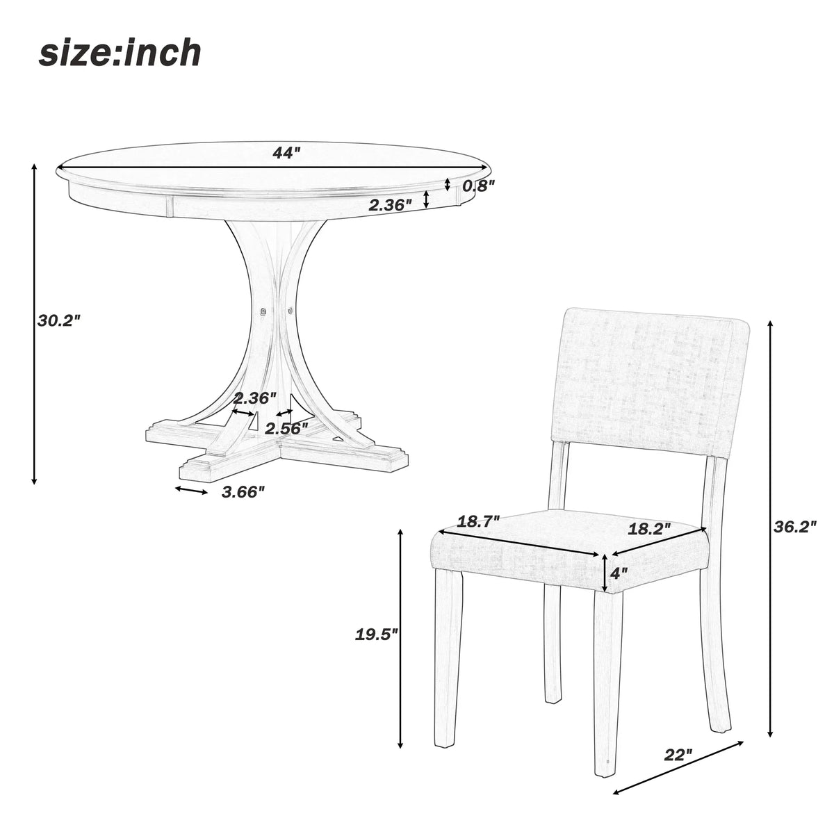Nouveauté 2026 – Ensemble de salle à manger rond rétro 5 pièces avec 4 chaises rembourrées, table en bois avec pieds incurvés de style tréteau