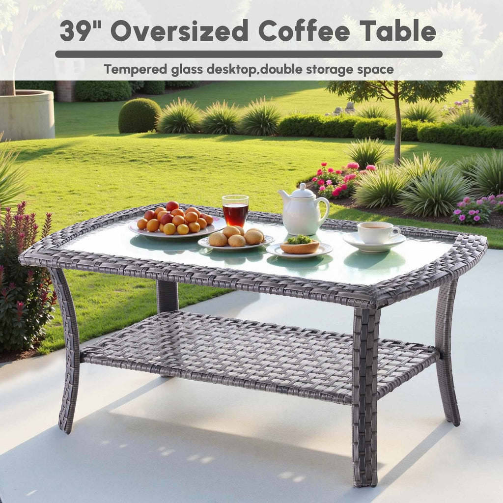 Nouveauté 2026 – Ensemble de mobilier de jardin 5 pièces Ovios , comprenant fauteuils pivotants et table basse, en résine tressée résistante aux intempéries, gris foncé